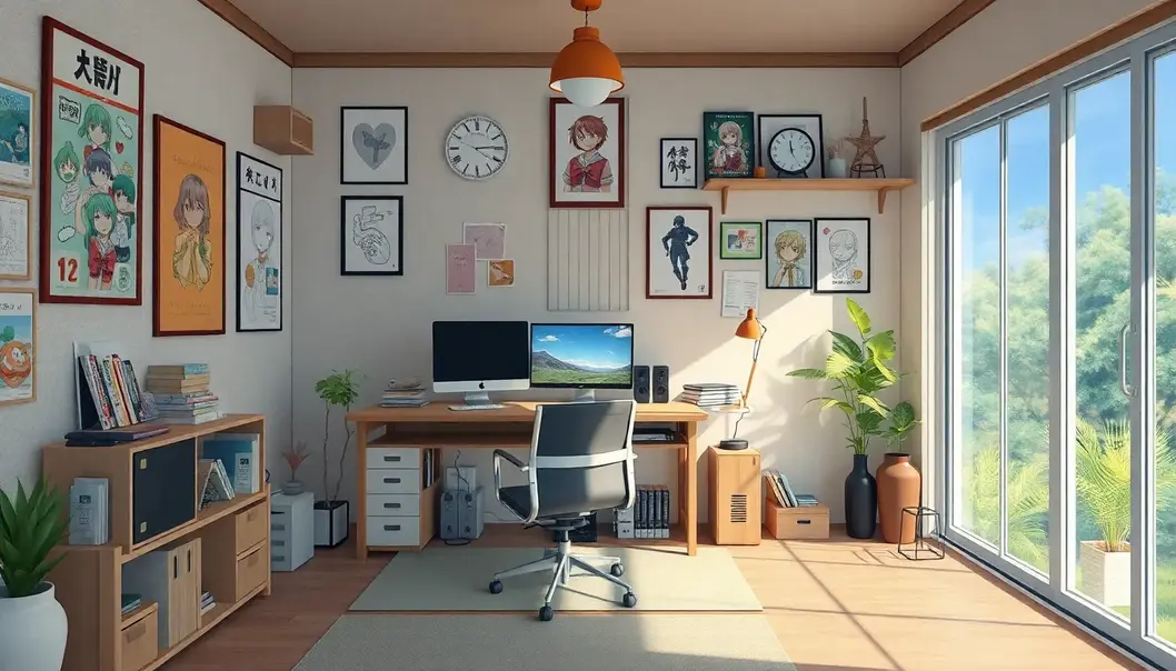 A futuristic office space with AI and VR tech, echoing anime’s sci-fi realms.