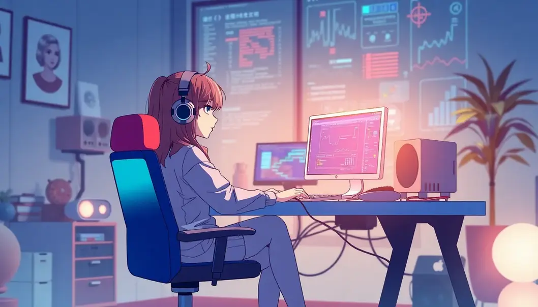 An anime character working at a high-tech setup in a futuristic home office.