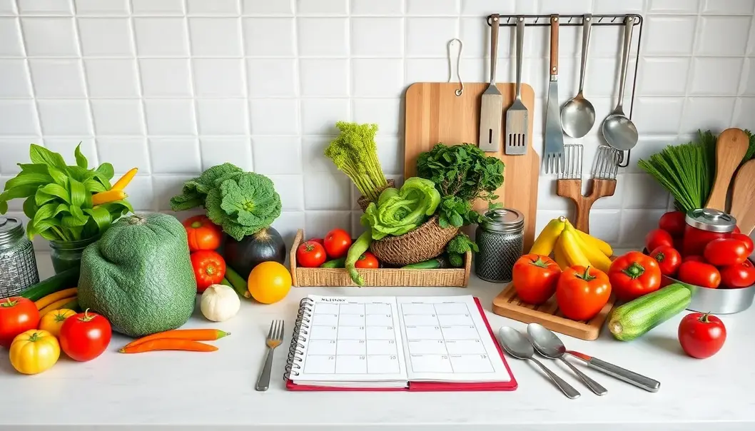 Fashion-inspired meal planning setup with fresh ingredients and a chic menu planner.
