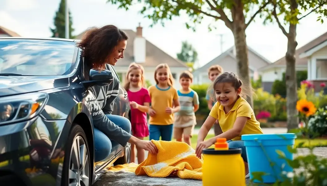 Parent cleaning car in a neighborhood while children play, showcasing community and care.