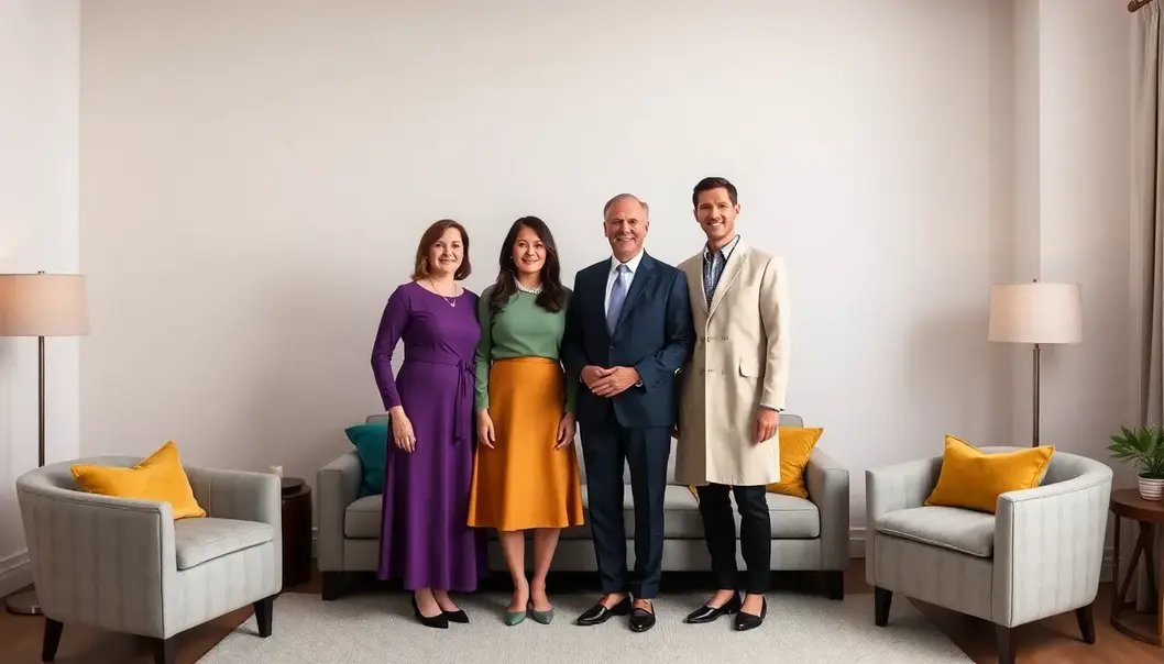 A family portrait in coordinated outfits within a harmonious living room setting.