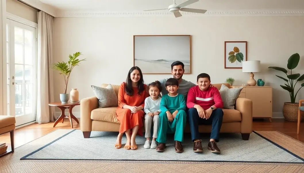 A family in matching outfits sitting in a modern living room with complementary decor.