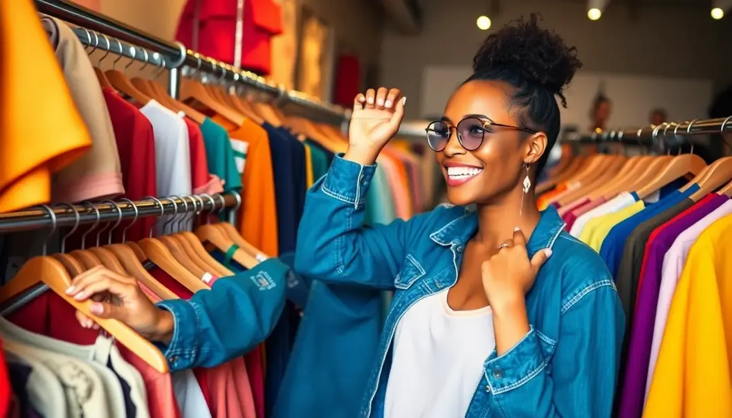 Person joyfully interacting with colorful clothing racks in a boutique.