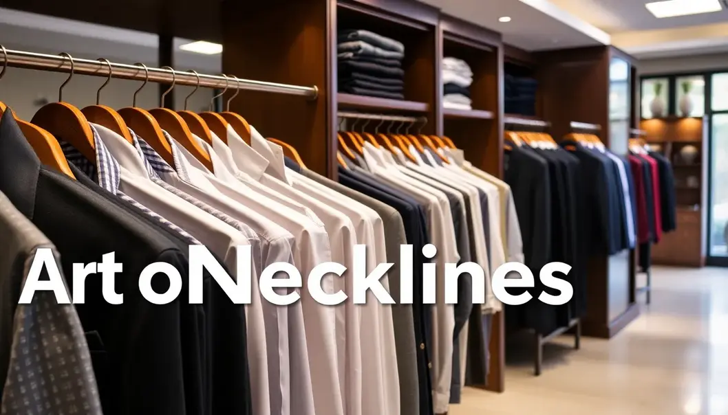 Variety of men's shirts with different necklines in a clothing store setting.