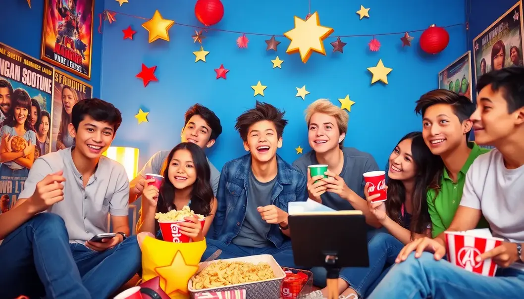 A bustling scene of teenagers preparing for a movie marathon with posters and snacks.