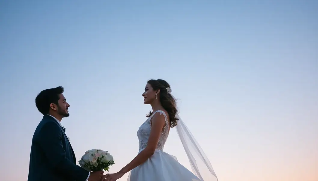 A newlywed couple wearing 2025 fashion under a night sky.