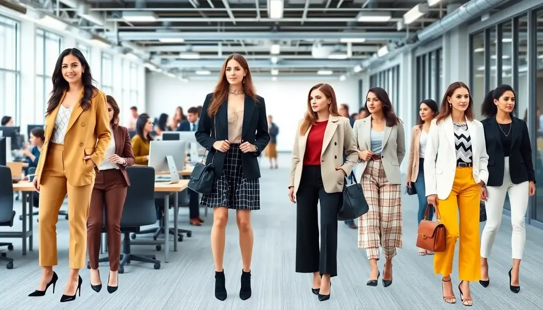 A variety of office outfits worn by women in a modern office environment.