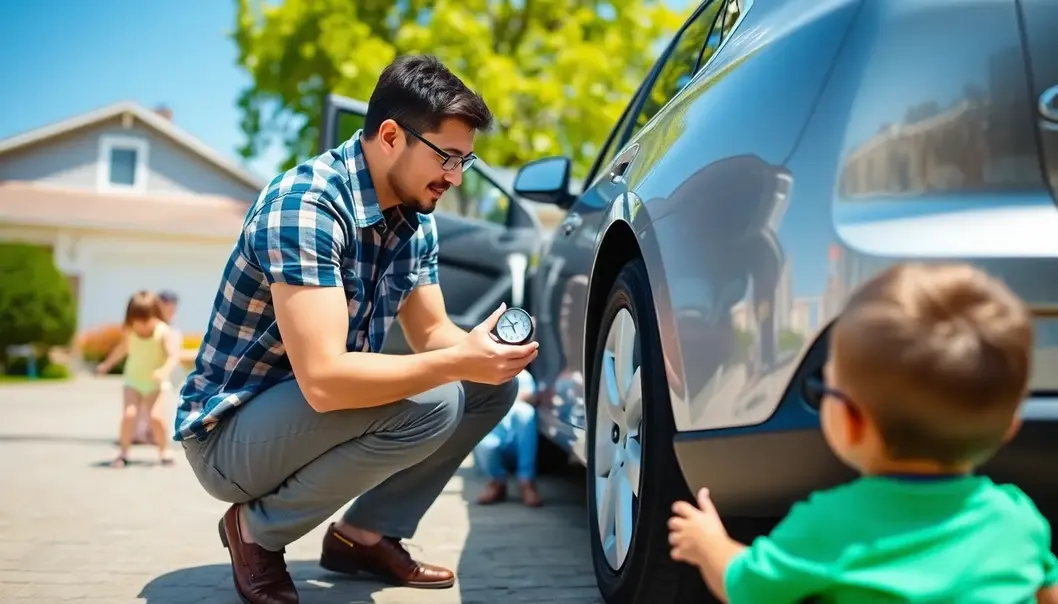 A parent checking tire pressure while children play.