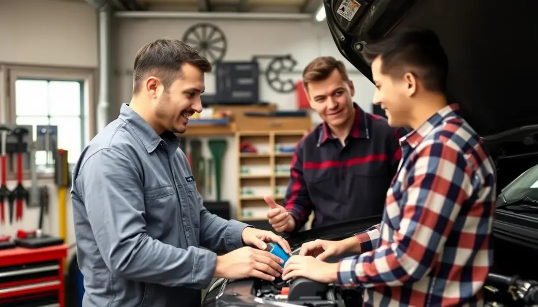 A parent checking tire pressure while children play.