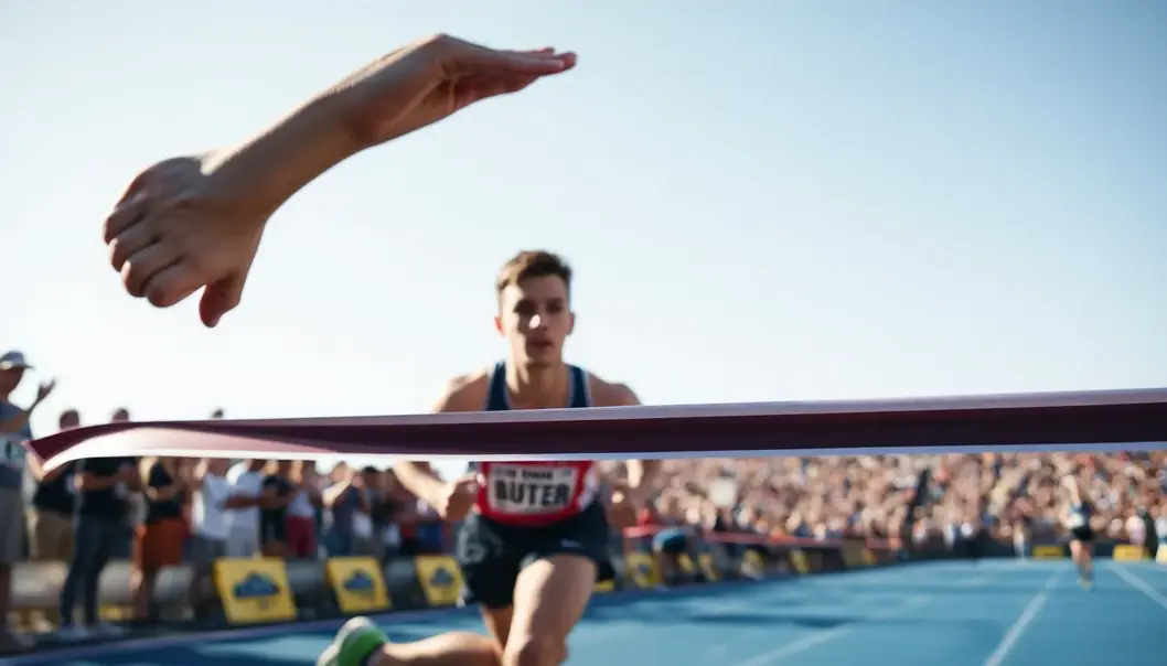 A runner crossing the finish line, exemplifying determination and focus.