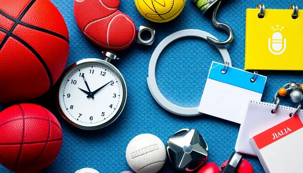 Collage with a basketball, stopwatch, podcast icon, and calendar, symbolizing sports and productivity.