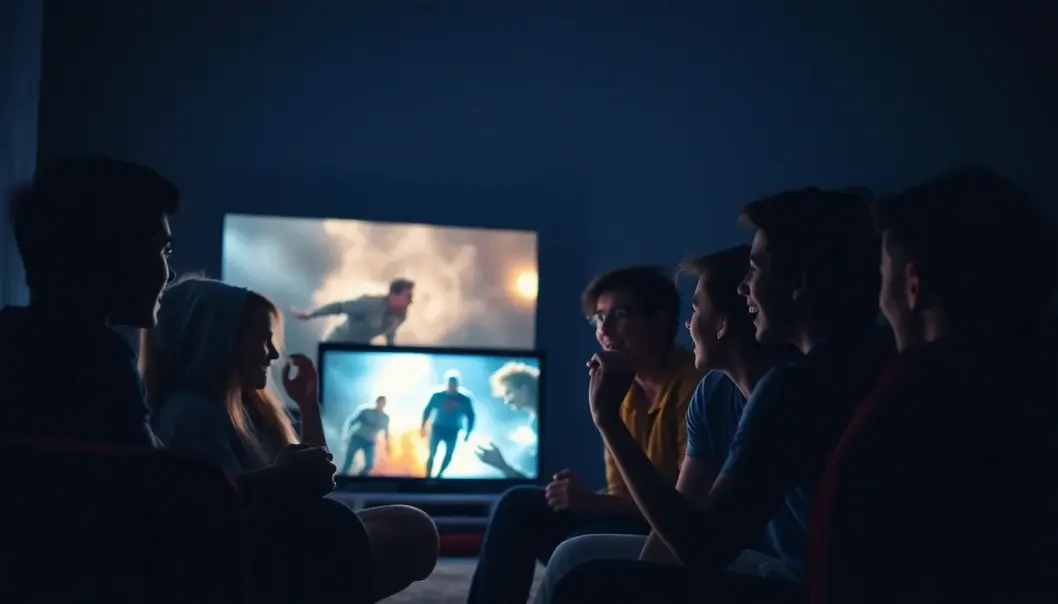 Teens immersed in a fantasy movie adventure.