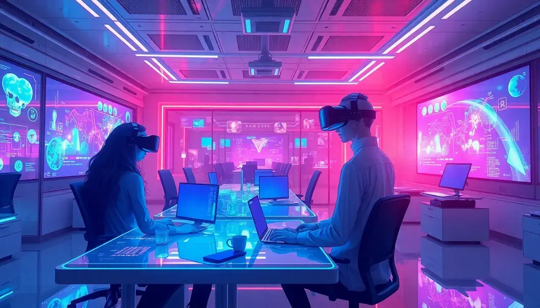 A futuristic office space with AI and VR tech, echoing anime’s sci-fi realms.